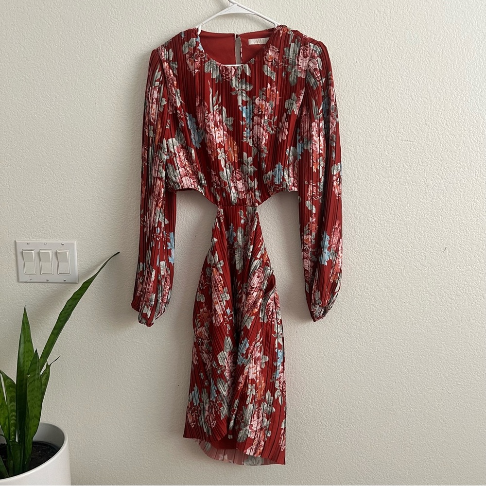 WAYF Red Pleated Floral Dress